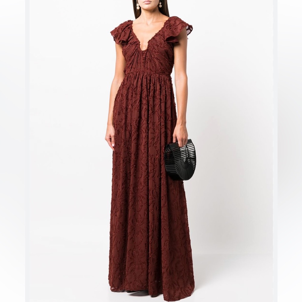 Tanya Taylor Leonie Gown Burgundy Textured Floral Maxi Dress Size 2